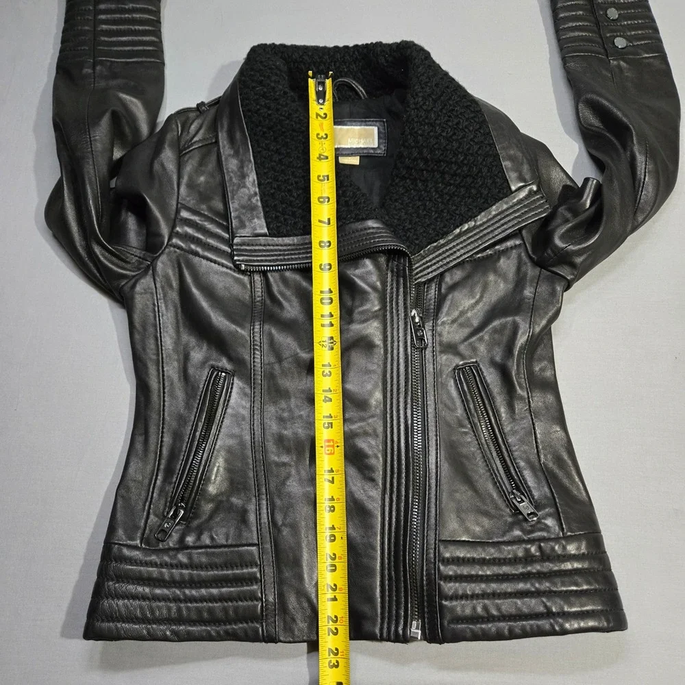 Michael Kors Real Leather Moto Jacket Small Black Asymmetrical‎ Knit Collar Punk